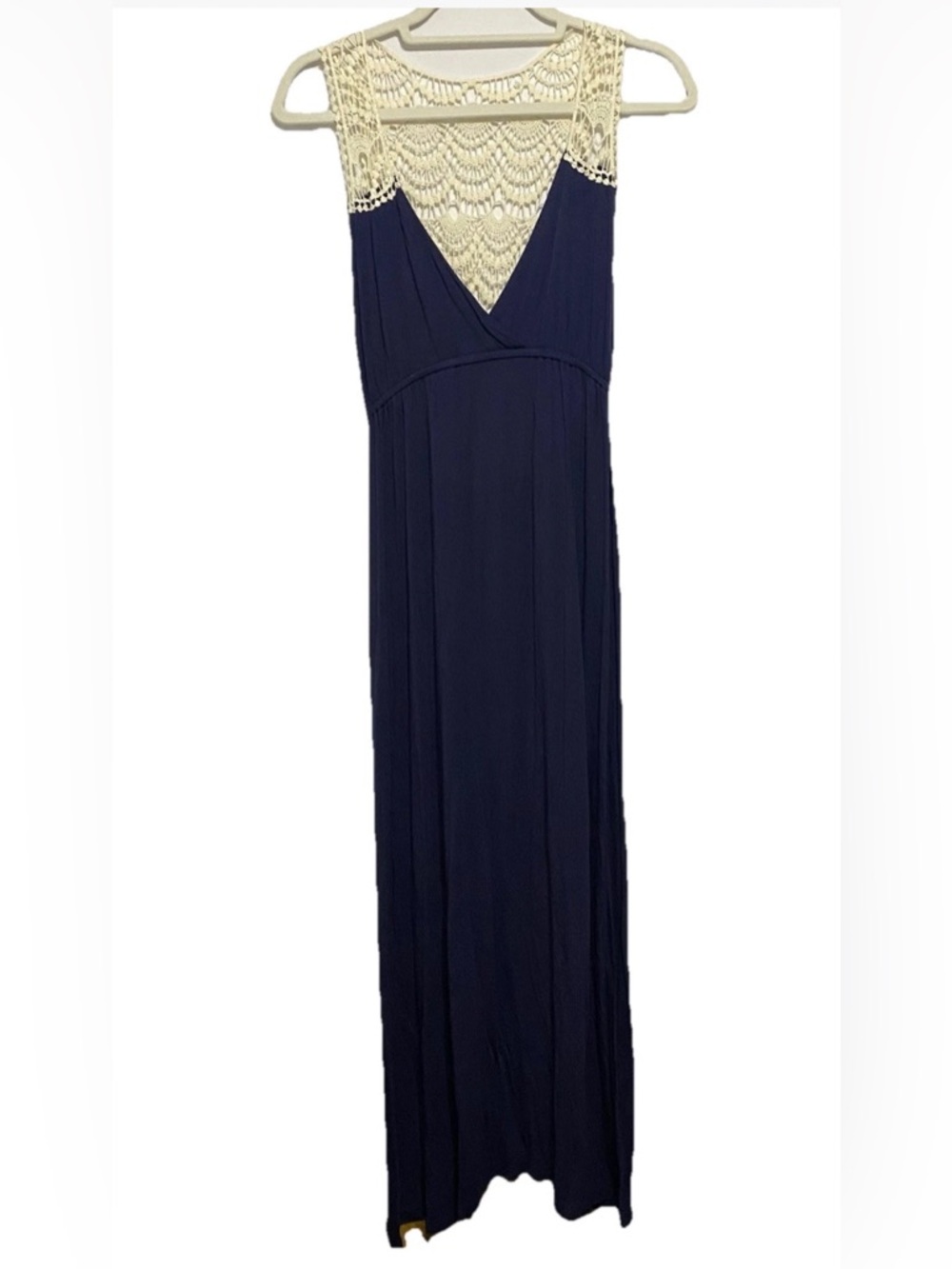 Crochet Back Jersey Maxi Dress Sz S Boho Cottage Festival Indie Blue & White